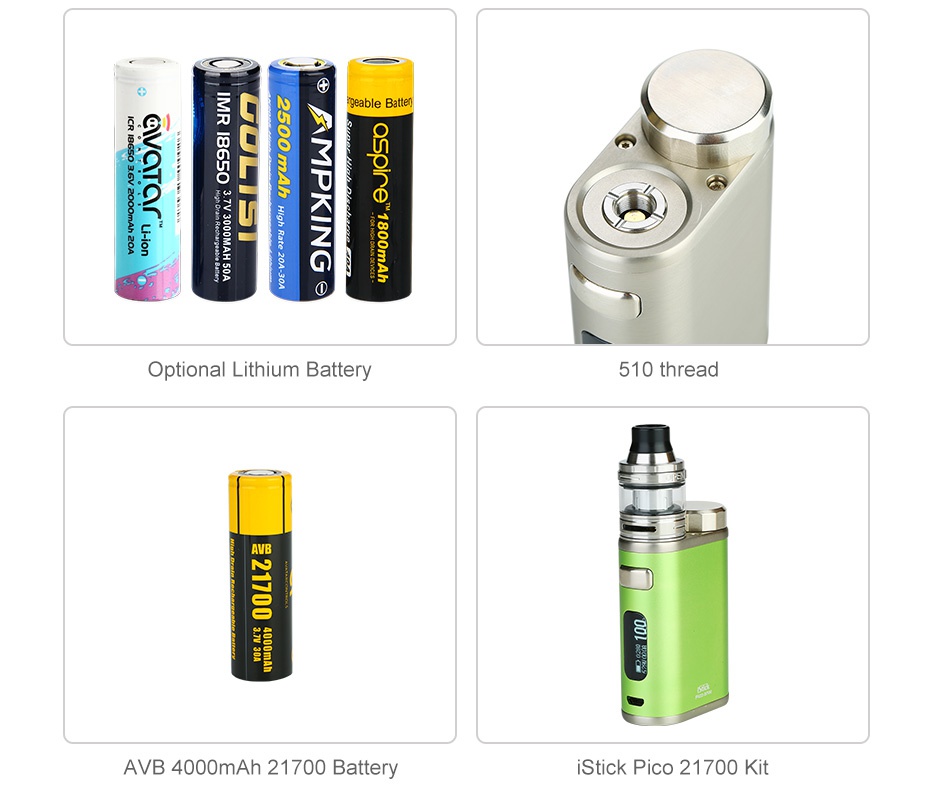 Eleaf iStick Pico 21700 100W TC Box MOD geable batter 30z0 Optional Lithium Battery 510 thread AVB 4000mAh 21700 Battery Stick Pico 21700 Kit