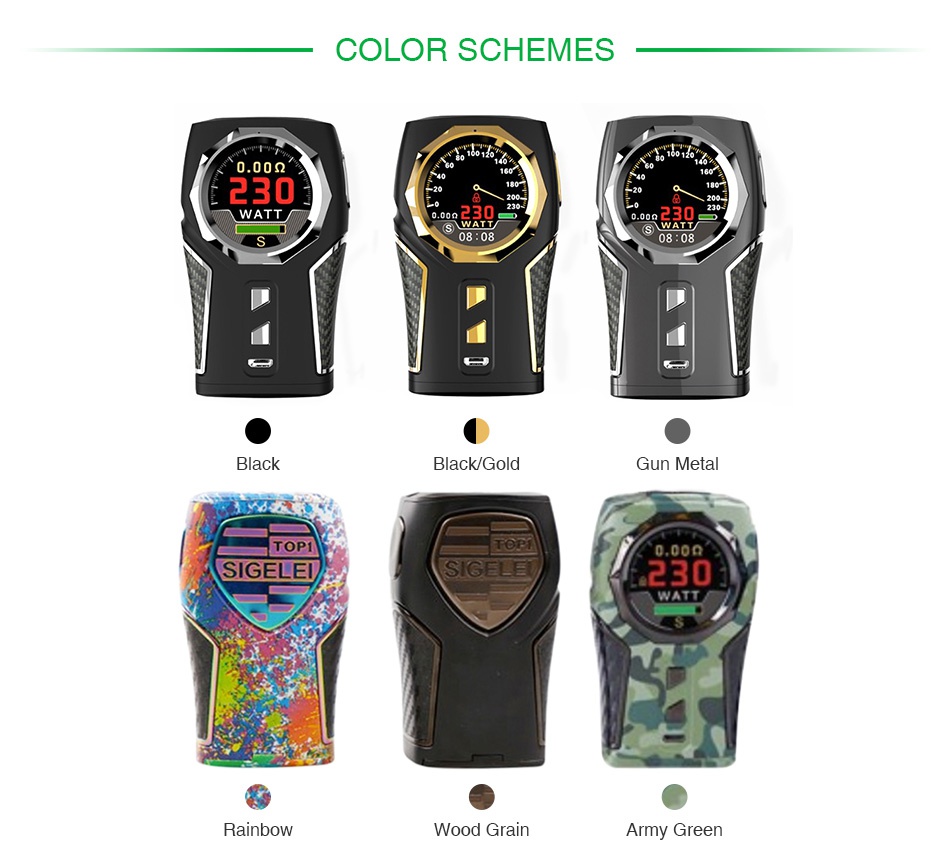 Sigelei TOP1 230W TC Box MOD COLOR SCHEMES 0 009 WATT Black Black Gold Gun metal TOPI SIGELEI WATT Rainbow Wood grain Army Gree