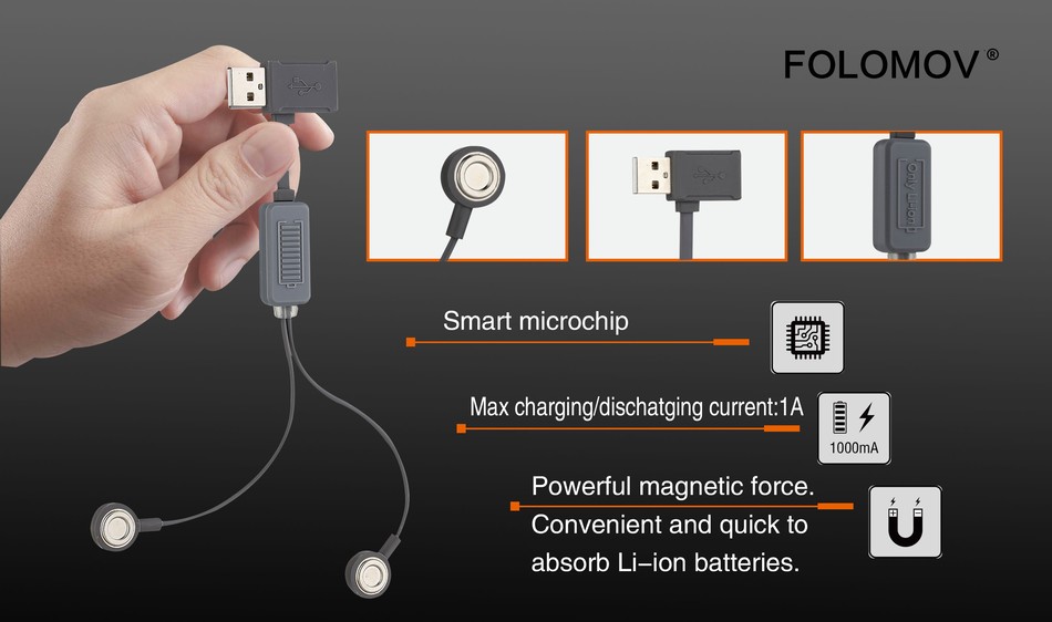 Folomov A1 Magnetic USB Charger FOLOMOV Smart microchip Max charging dischatging current  1A 1000mA Powerful magnetic force Convenient and quick to absorb li ion batteries