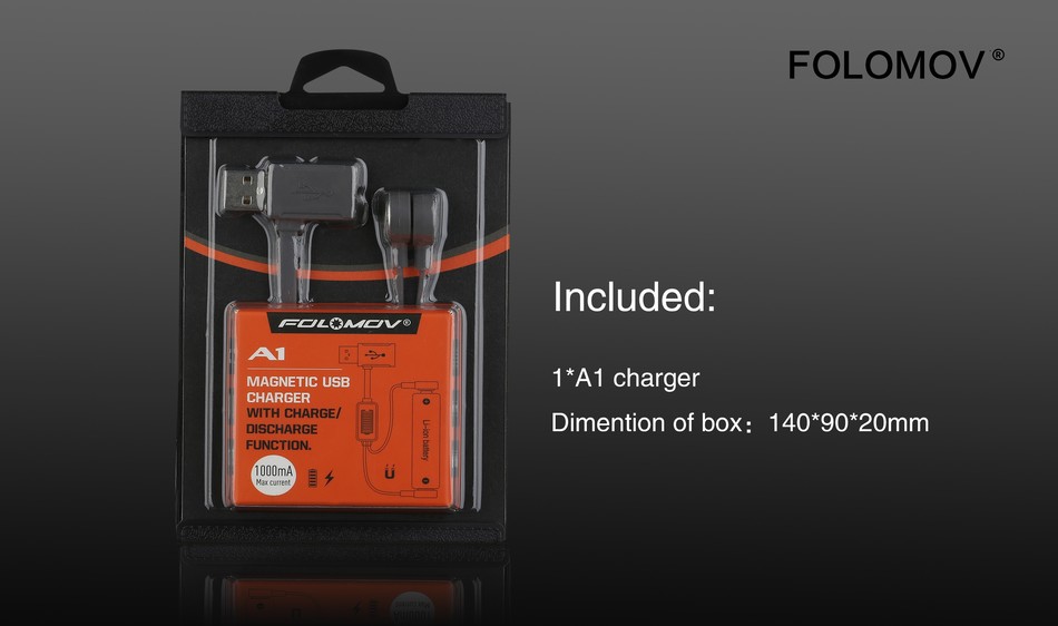 Folomov A1 Magnetic USB Charger FOLOMOV Included DLEMOV  MAGNETIC USB 1 A1 charger CHARGER WITH CHARGE  DISCHARGE Dimention of box 140 90  20mm FUNCTION 000mA U lax current