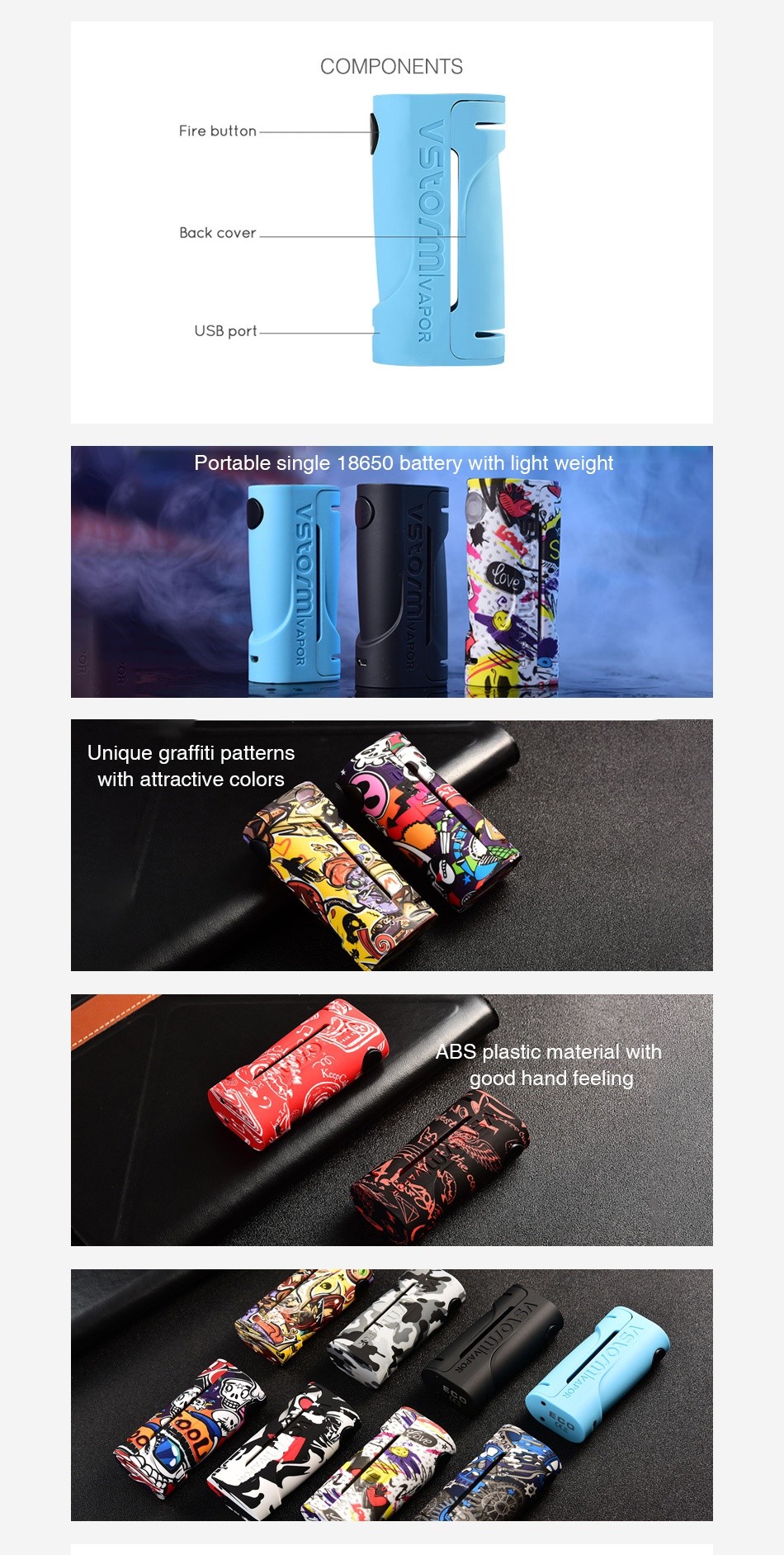 Vapor Storm ECO 90W Box MOD COMPONENTS Fire button Back cover USB port 0O  Portable single 18650 battery with light weight U Unique graffiti patterns ith attractive colors BS plastic material with good hand feeling