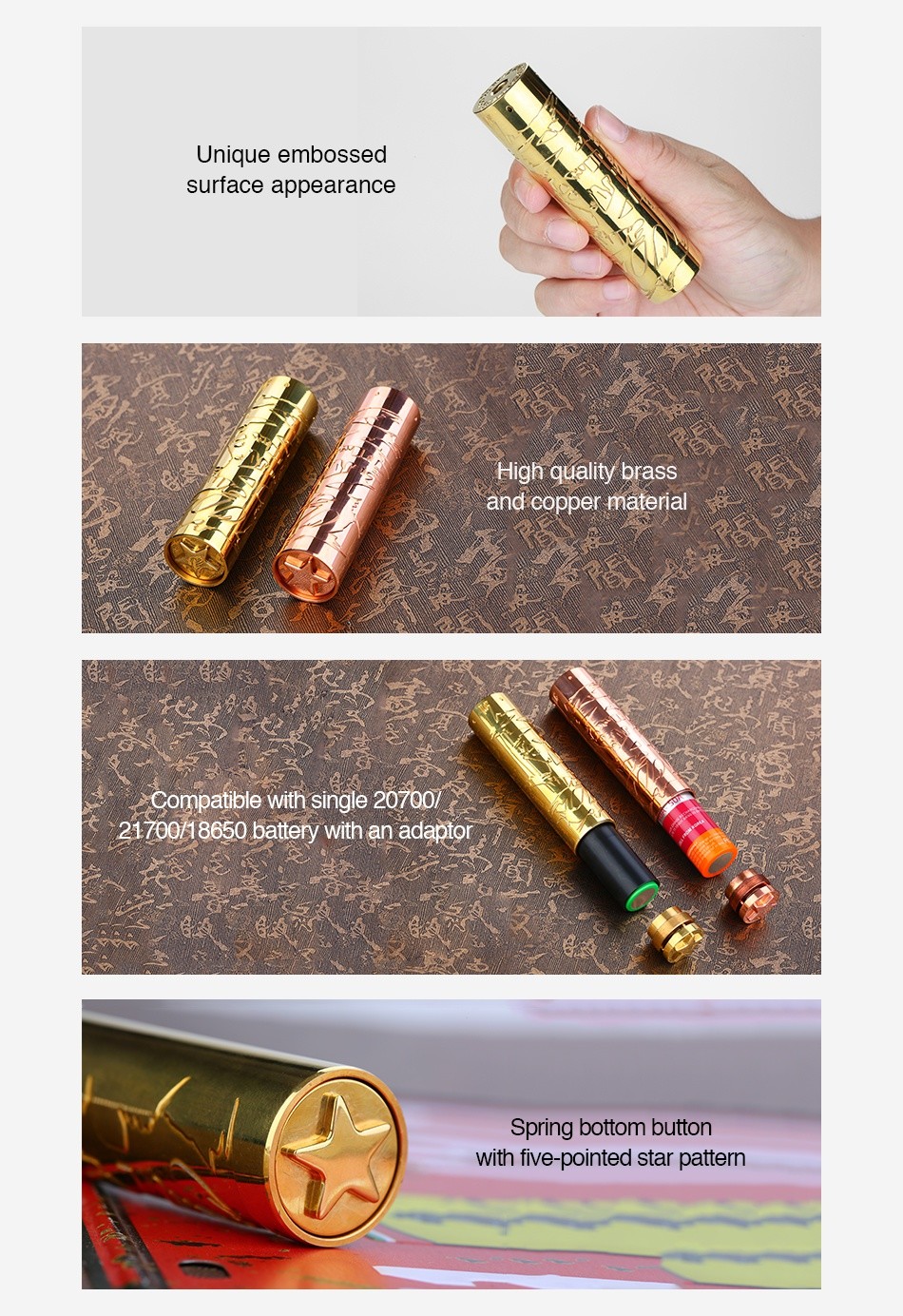 Timesvape Saint Mech MOD Unique embossed surface appearance High quality brass and copper material Compatible with single 20700 21700 18650 battery with an adaptor Spring bottom button with five pointed star pattern