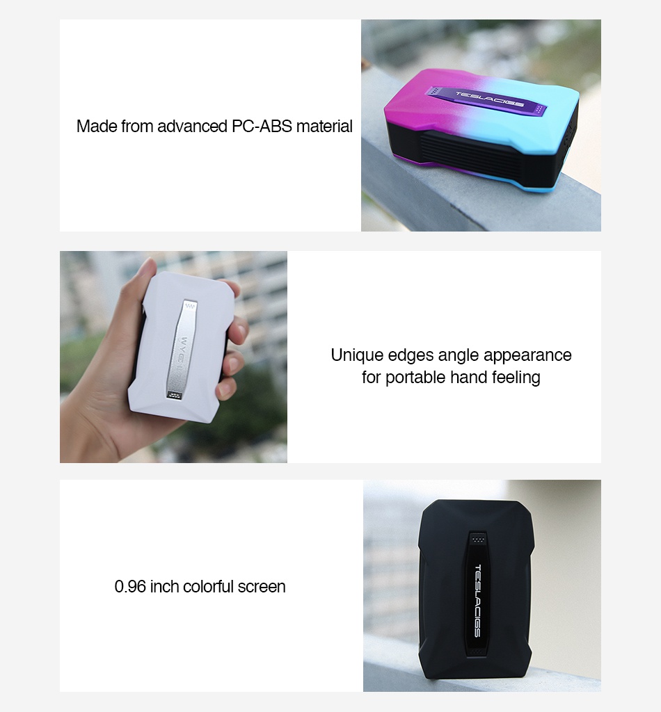 Tesla WYE II 215W TC Box MOD Made from advanced Pc abs material Unique edges angle appearance for portable hand feeling 0 96 inch colorful screen