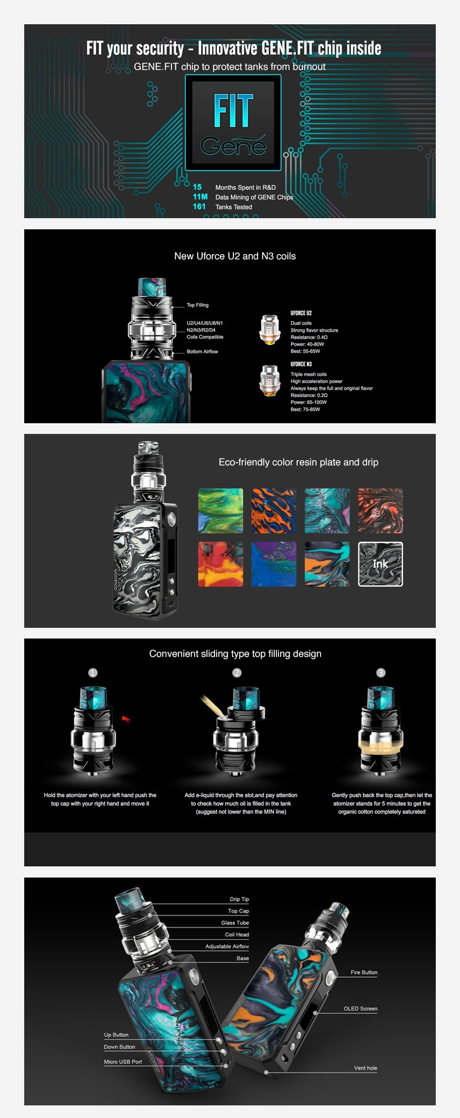 VOOPOO Drag 2 177W TC Kit with UFORCE T2 FIT your security  Innovative GENE FIT chip inside loo GENE FIT chip to protect tanks from burnout FIT 15 Months Spent in R D ata Mining of GENE Chips 161 Tanks Tested New force u2 and n3 coils UFORCE UZ Dual coils Powor  85 100W Eco friendly color resin plate and drip Convenient sliding type top filling design top cap with your nght hand anc move it to check how much oil is tiled n tre tank atomizer stands for 5 minutes uggest not lower than the MIN Ine  organic cotton completely satureted Drp TIp Fire Butter OLED Sereen Down Button Vent hole