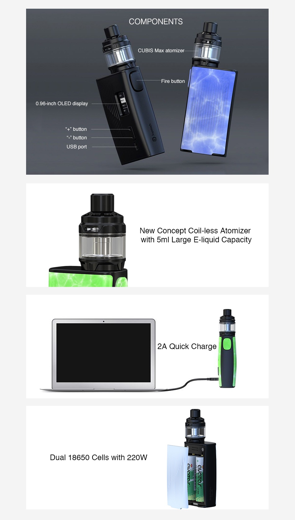 Joyetech ESPION Tour 220W TC Kit with Cubis Max COMPONENTS CUBIS Max atomizer 0 96 inch OLED display button USB port New Concept coil less atomizer with 5ml Large E liquid capacity 2A Quick Charge Dual 18650 Cells with 220W