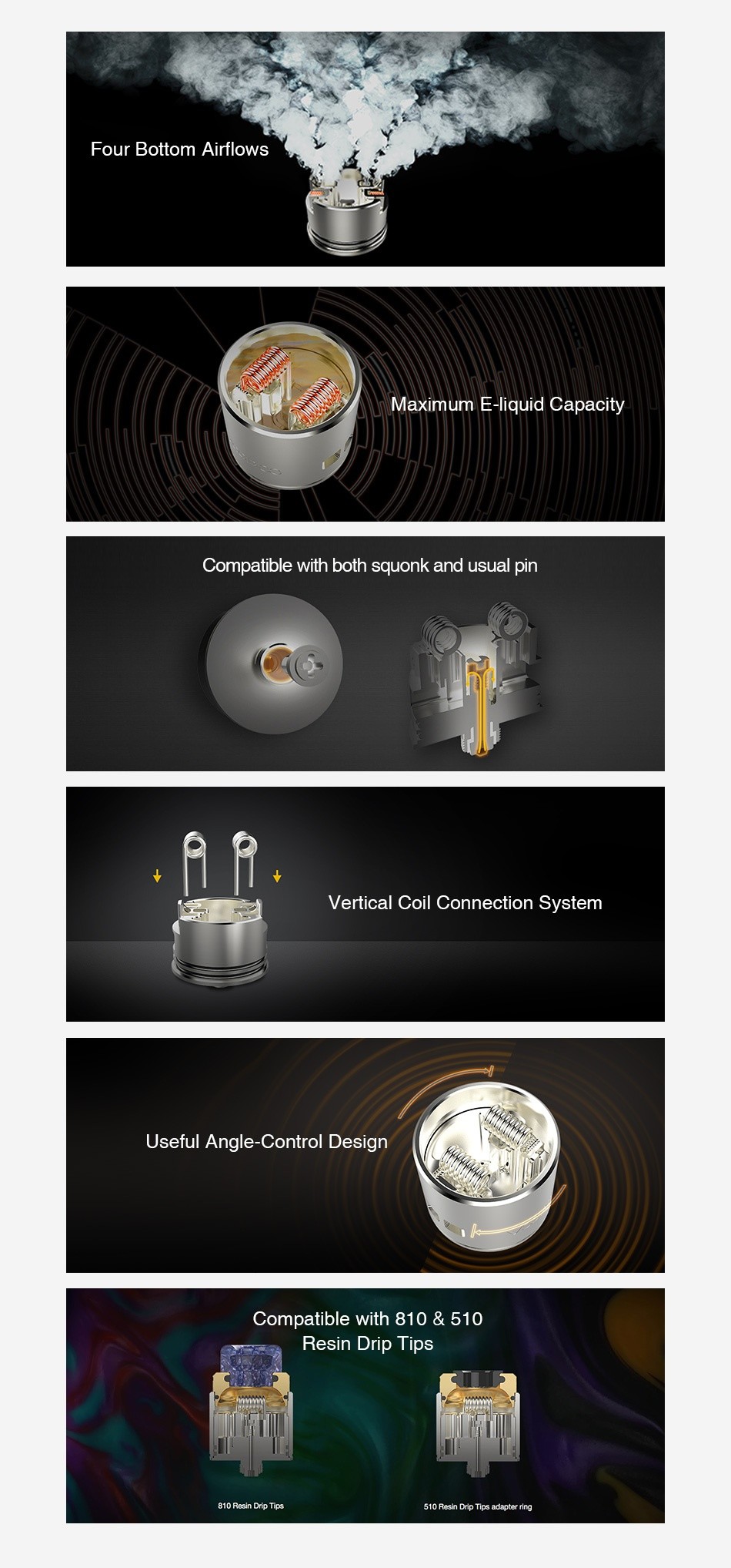 VOOPOO Rune RDA Four Bottom airflows Maximum E liquid capacity Compatible with both squonk and usual pin   Vertical Coil Connection System Useful Angle Control Design Compatible with 810  510 Resin Drip Tips 810 Resin Drip Tips 510 Resin Drip Tips adapter ri