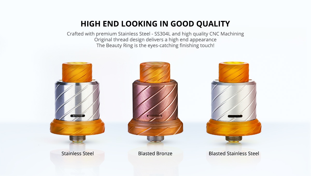 [Italy Design] Italian BoomStick Engineering Reaper 18mm RDA HIGH END LOOKING IN GOOD QUALITY Crafted with premium Stainless Steel  SS304L and high quality CNC Machining Original thread design delivers a high end appearance The Beauty Ring is the eyes catching finishing touch Stainless steel Blasted bronze Blasted stainless steel