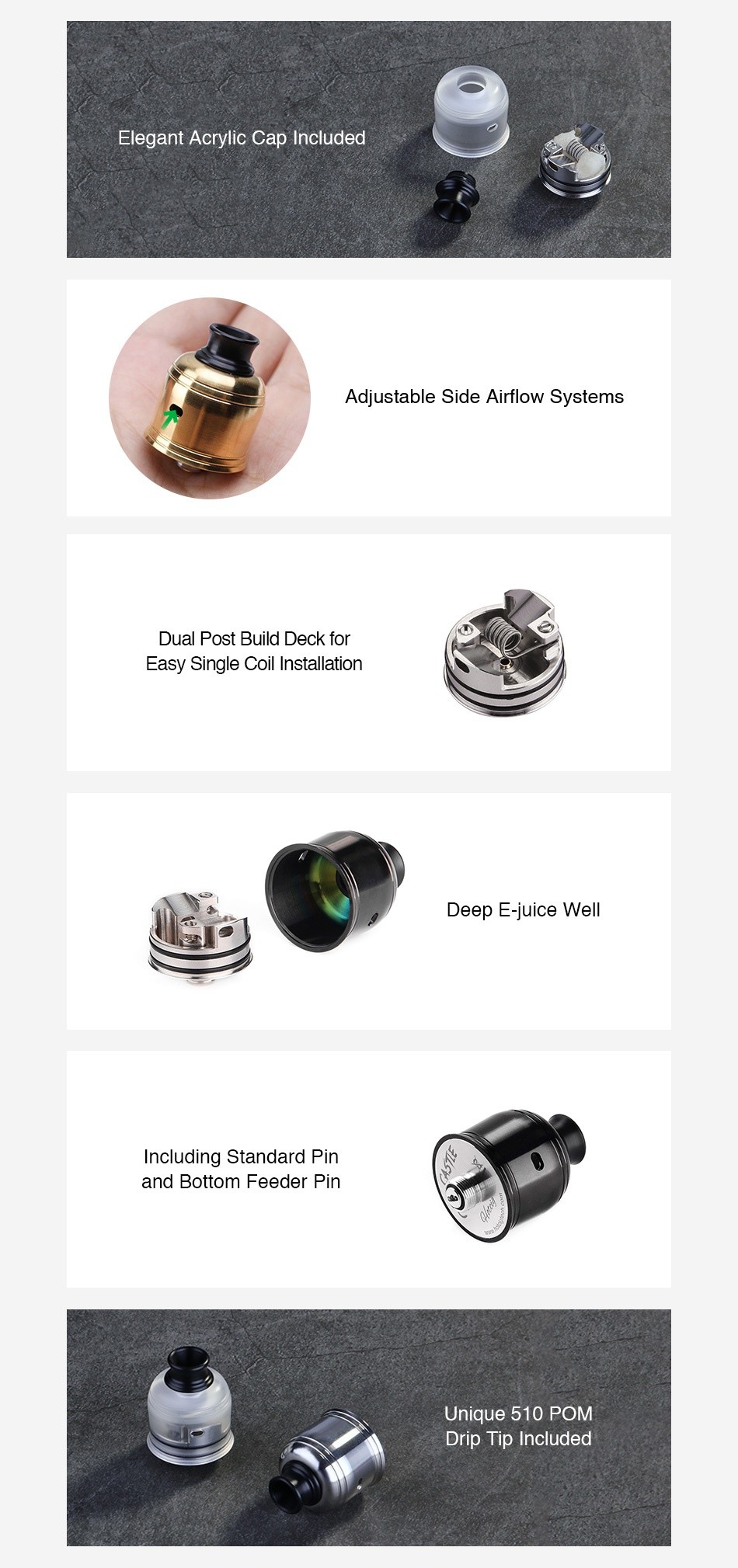 Hotcig Castle BF RDA Elegant Acrylic Cap Included Adjustable Side airflow Systems Dual Post build deck for Easy Single Coil Installation Deep E juice Well ncluding Standard Pin and bottom feeder pin Unique 510 POM Drip Tip Included