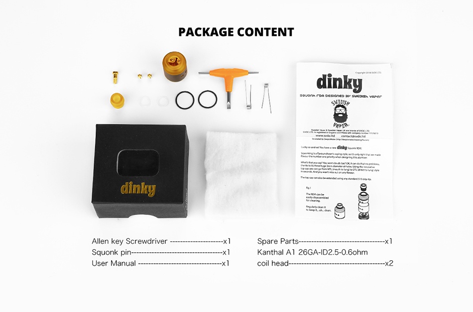 [UK Design] Swedish Vaper Dinky RDA PACKAGE CONTENT dink    dinky Allen key Screwdriver Spare Parts Kanthal Al 26GA ID2 5 0 6ohr User Manual