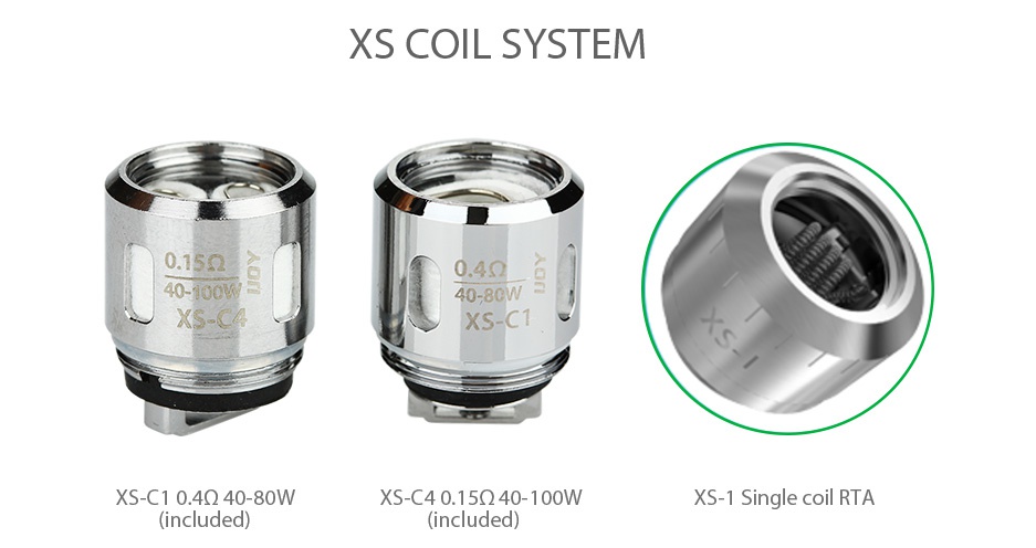 IJOY EXO S Subohm Tank 3.2ml XS COIL SYSTEM 0 1502 0 42 40100 40 80M XS Ce XS C1 XS C10 4040 80W XS C40 15940 100W XS 1 Single coil RTA  included   included