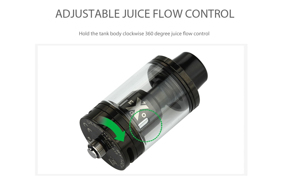 IJOY EXO X Subohm Tank 4.7ml ADJUSTABLE JUICE FLOW CONTROL Hold the tank body clockwise 360 degree juice flow conti