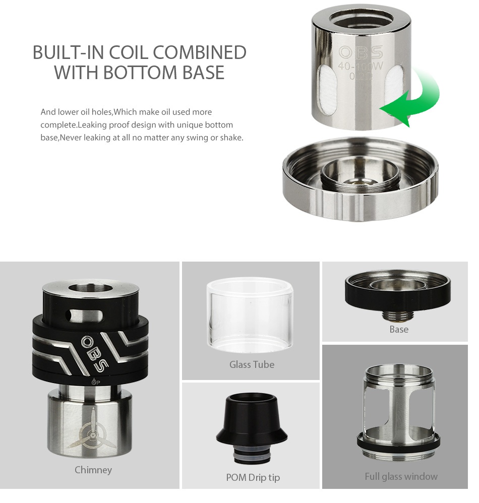 OBS Engine SUB Mini Atomizer 3.5ml BUILT IN COIL COMBINED WITH BOTTOM BASE And lower oil holes Which make oil used more complete Leaking proof design with unique bottom base  Never leaking at all no matter any swing or shake ase ub Chimney POM Drip tip Full glass window