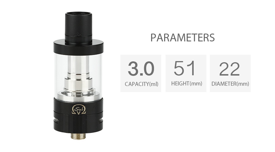 Innokin iSub V Sub-Ohm SS316L Tank 3ml PARAMETERS 3 05122 CAPACITY mD GHT mm  DIAMETER mm