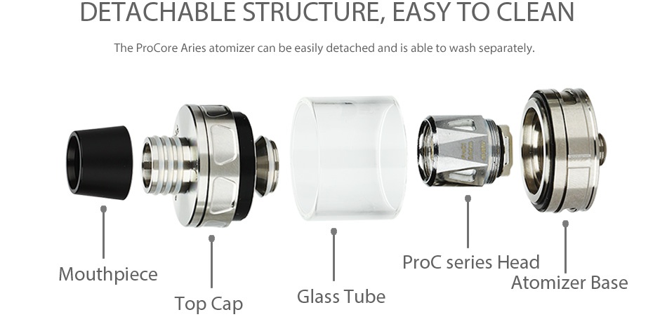 Joyetech ProCore Aries Atomizer 2ml/4ml DETACHABLE STRUCTURE EASY TO CLEAN le ProCore Aries atomizer can be easily detached and is able to wash separately Proc series head Mouthpiece Atomizer base Top Cap Glass Tube
