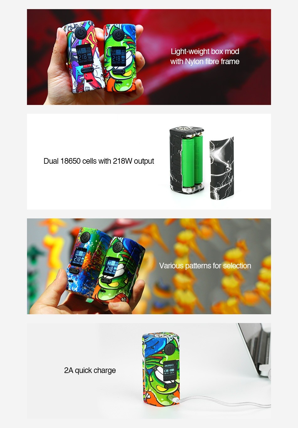 Hugo Vapor Rader Mage 218W TC Box MOD Light weight box mod with Nylon fibre frame Dual 18650 cells with 218W output Various patterns for selection 2A quick charge