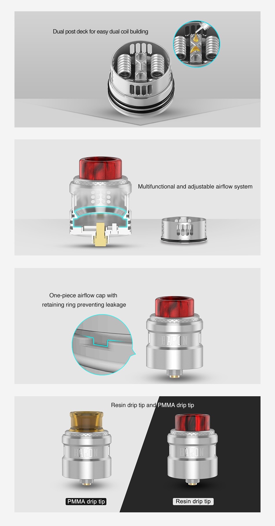 Geekvape Baron RDA Dual post deck for easy dual coil building Multifunctional and adjustable airflow system One piece airflow cap with retaining ring preventing leakage Resin drip tip and  PMMA drip tip MMA dri Resin drip tip