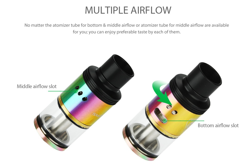 SMOK SKYHOOK RDTA Tank 5ml MULTIPLE AIRFLOW No matter the atomizer tube for bottom middle airflow or atomizer tube for middle airflow are available for you  you can enjoy preferable taste by each of them Middle airflow slot Bottom airflow slot