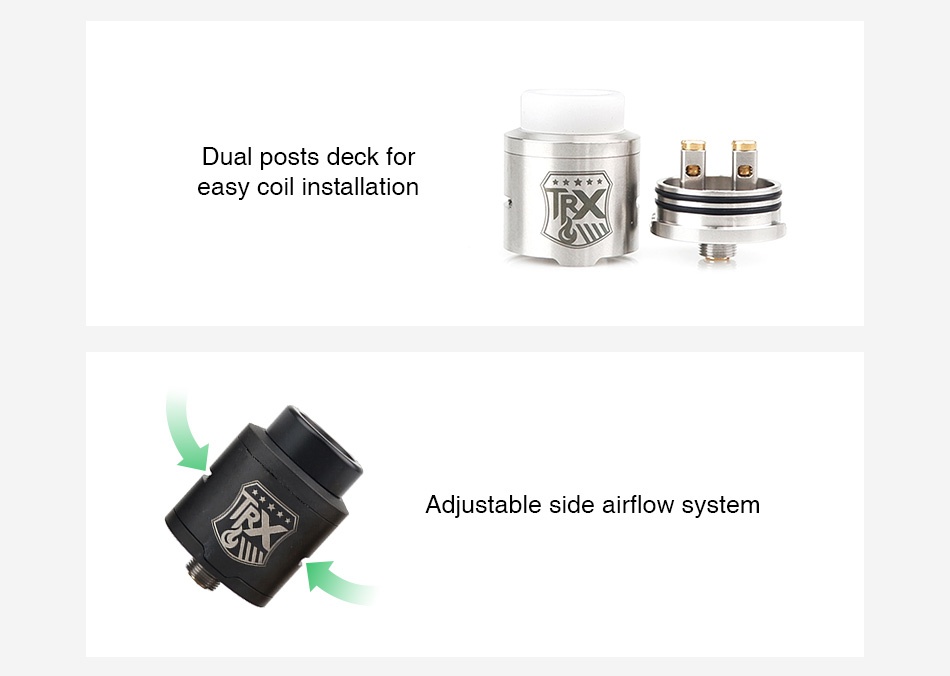 OUMIER TRX RDA Dual posts deck for easy coil installation       Adjustable side airflow system
