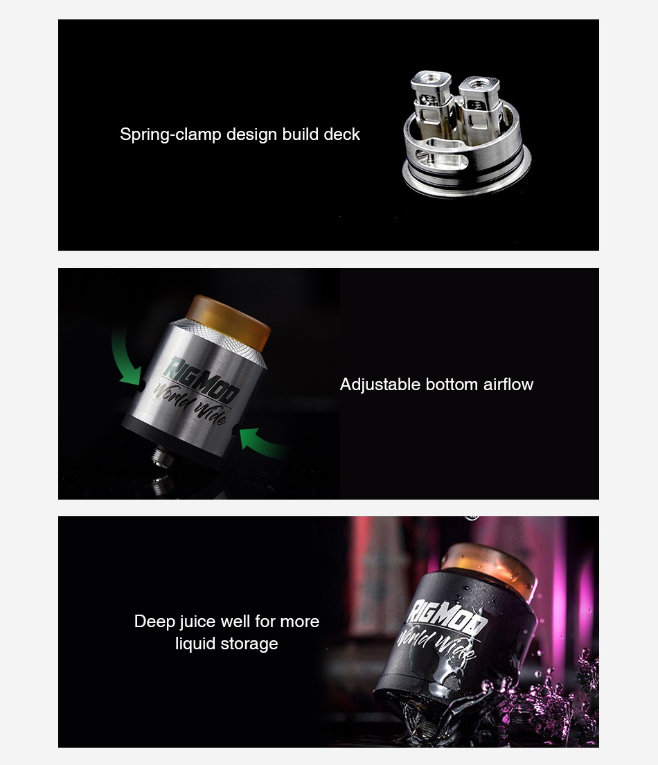 Rig Mod Model 41 RDA Spring clamp design build deck Adjustable bottom airflow Deep juice well for more liquid storage