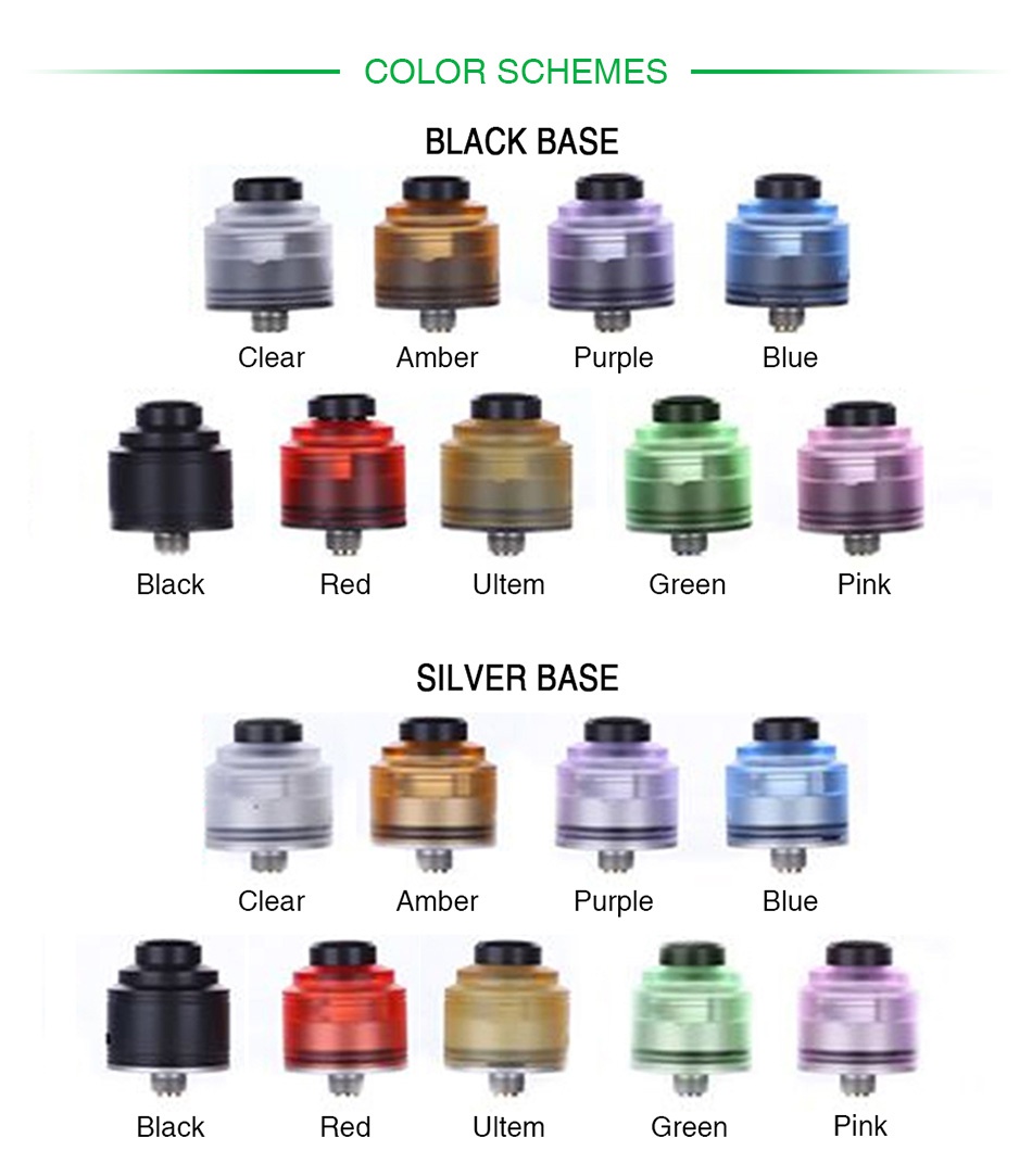 GAS MODS Nixon S RDA COLOR SCHEMES BLACK BASE Clear Amber Purple Blue Black Red Ultem Green Pi SILVER BASE Clear Amber Purple Blue Black Red Ultem Green Pink