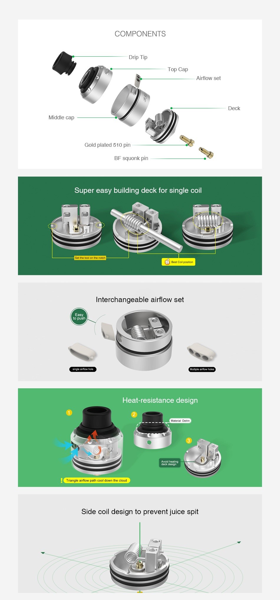 Vapefly Pixie RDA COMPONENTS Drip ti Top Cap Airflow set Middle cap Gold plated 510 pin BF squonk pin Super easy building deck for single coil et the tool on the notch Best Coil positi Interchangeable airflow set Heat resistance design Triangle airflow path cool down the cloud Side coil design to prevent juice spit