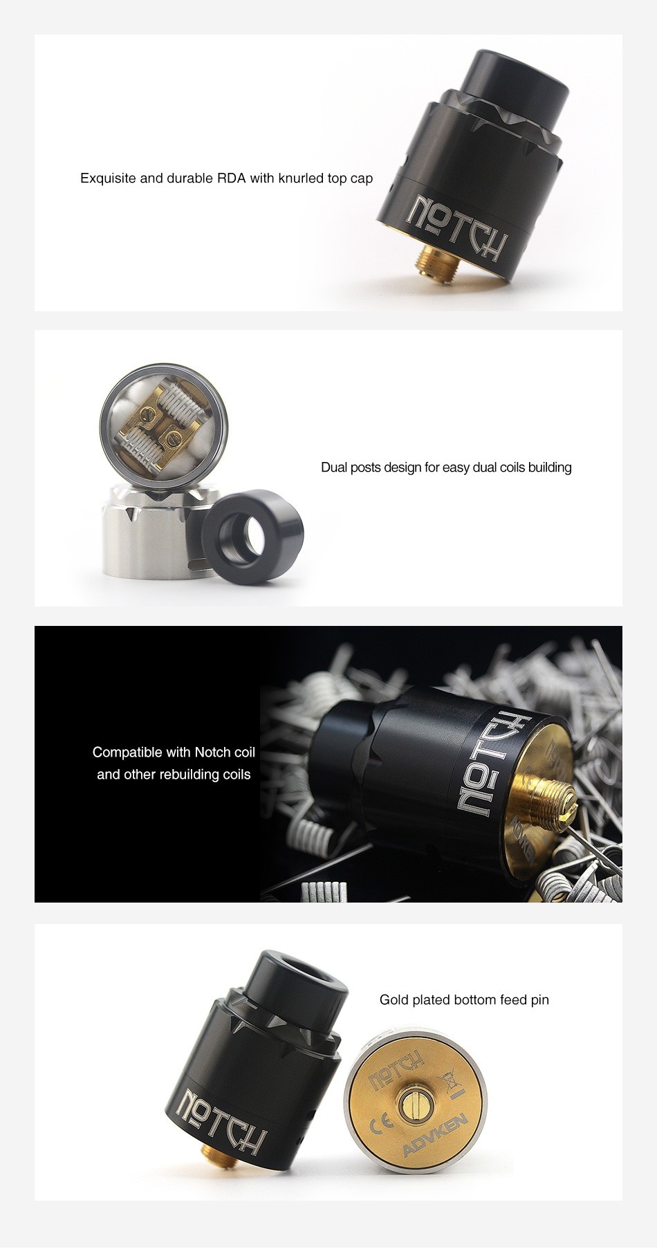 Advken Notch RDA Exquisite and durable RDa with knurled top cap Dual posts design for easy dual coils building with notch coi and other rebuilding coils Gold plated bottom feed pin