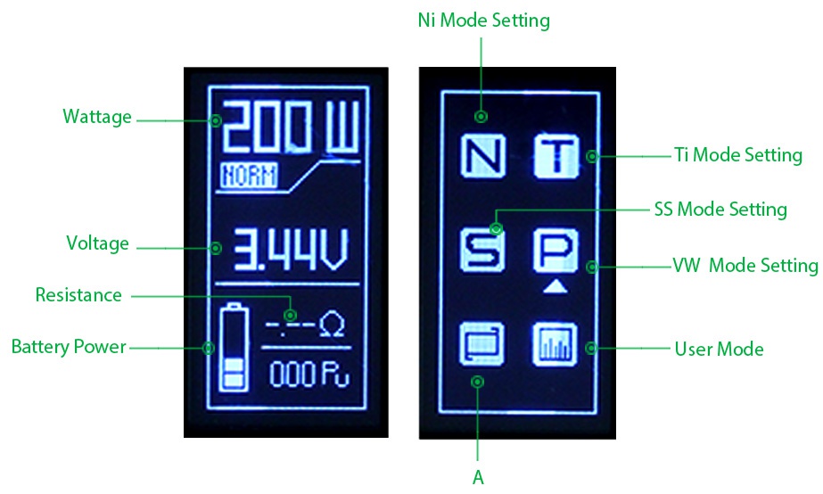 IJOY RDTA BOX 200W Full Kit Ni Mode Setting Wattage e  N  Ti Mode Setting SS Mode Setting Voltage   Ug  W Mode Setting Resistance Battery Power User mode
