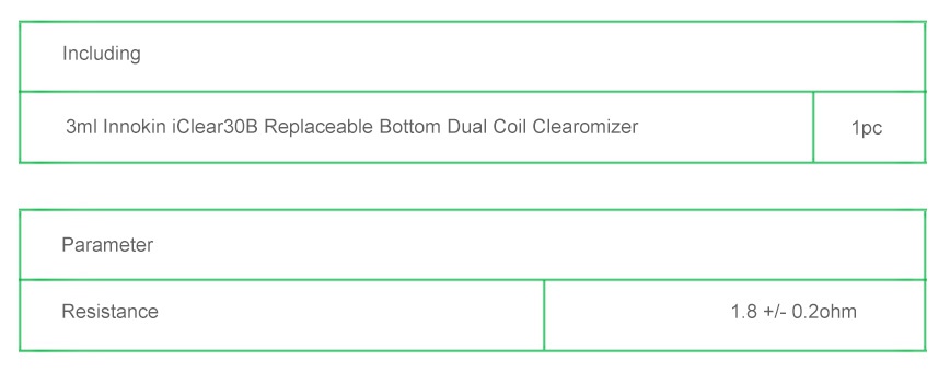 Innokin iClear 30B BDCC Clearomizer 3ml ncludin 3ml Innokin iClear 30B Replaceable bottom Dual Coil clearomizer Parameter Resistance 8   0 2ohm