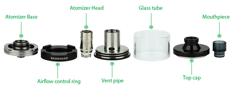 WISMEC Vicino D30 Starter Kit 3000mAh Atomizer head Glass tube Atomizer base Mouthi piece WISMEL Airflow control ring Vent pipe Top cap