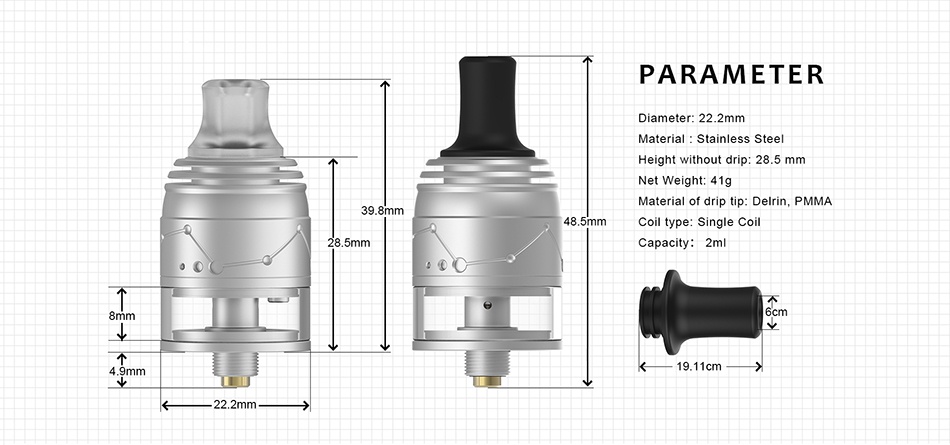 Vapefly Galaxies MTL RDTA 2ml PARAMETER Diameter  22 2mm Net Weight  41g laterial of drip tip  Delrin  PMMA 485mm Coil type  Single Co 5mm mm 11cm 22 2mm